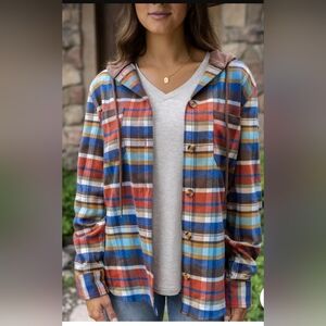 Grace and Lace - Stretch Flex Denim/Rust Plaid Hooded Shacket